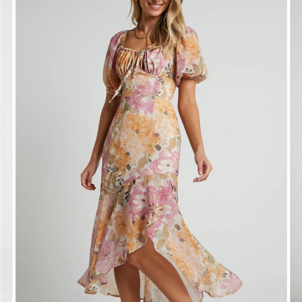 Showpo Floral Midi Dress with Piff Sleeve
